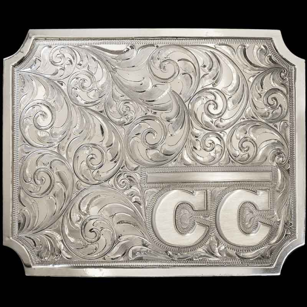 This buckle is the shinier version of the Guthrie Custom Buckle. A unique square silver buckle perfect for ranch brands!